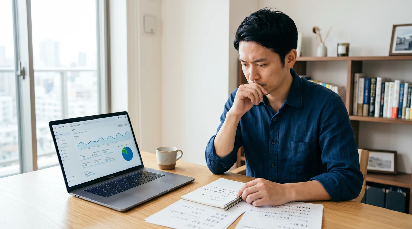アフィリエイトサイト売却を検討しながらノートPCの分析画面を見つめる日本人のイメージ