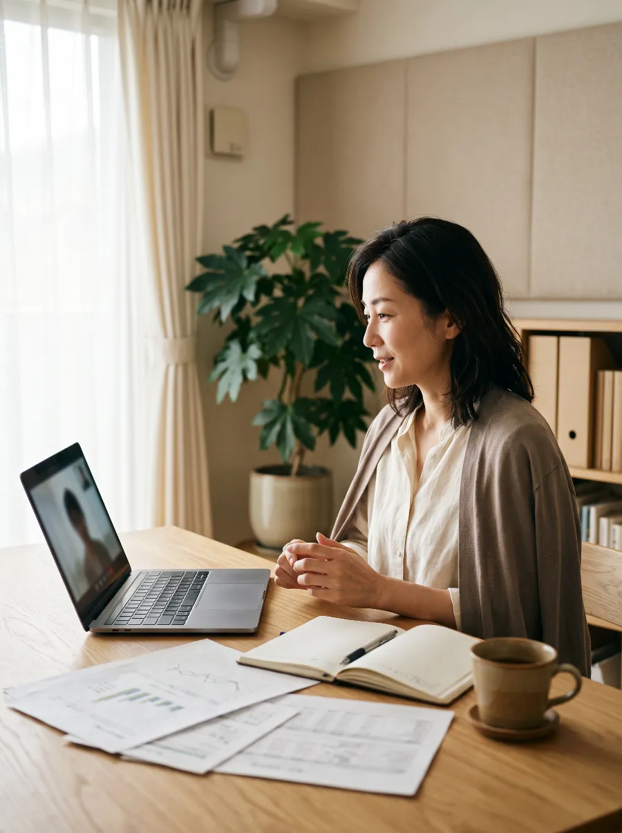 美容サロンのオーナーが自宅からオンラインでM&Aの初回相談を受けている様子