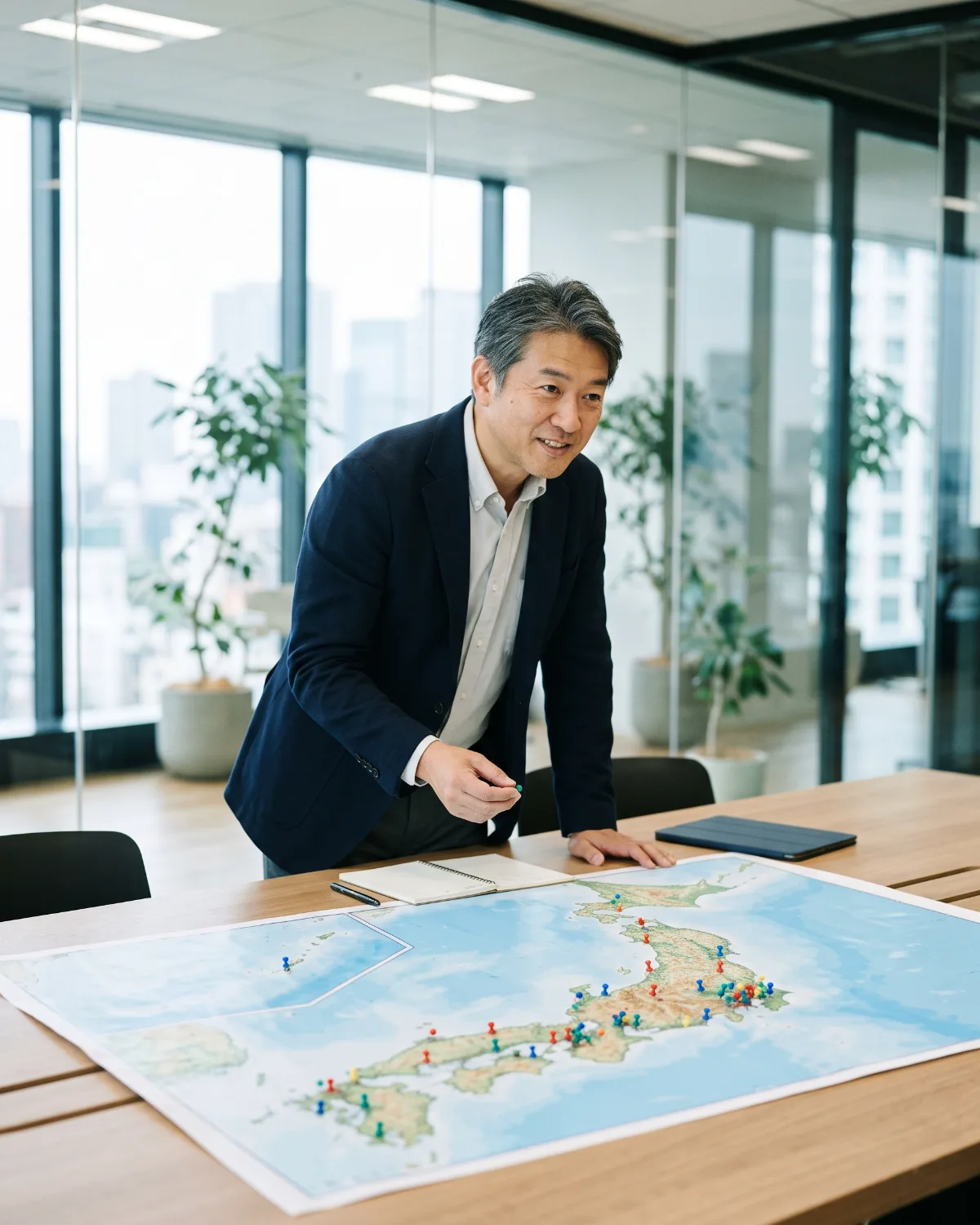 事業拡大に向けて計画を検討する日本人経営者