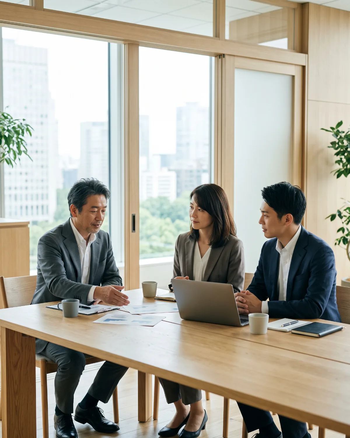 会議室で事業買収について打ち合わせをする日本人経営者たち