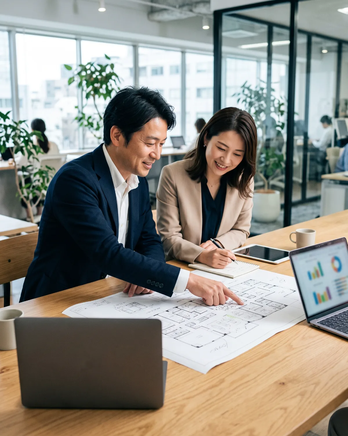 新規出店計画の資料を前に検討を進める日本人経営者