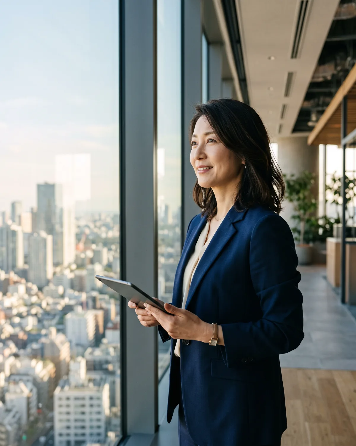 窓辺で次の事業展開について考える日本人経営者