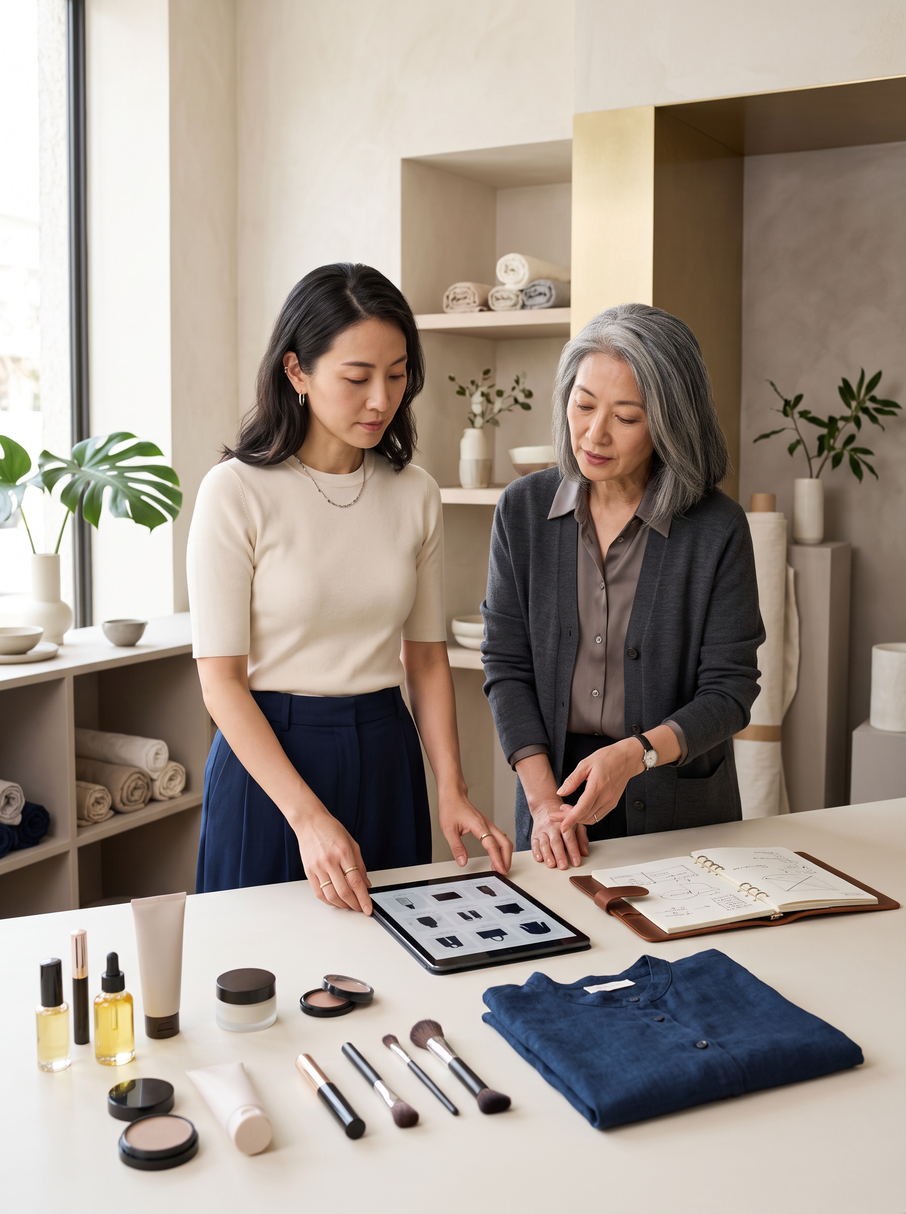 日本人経営者とアドバイザーが化粧品・アパレル・ECブランド事業を検討する場面