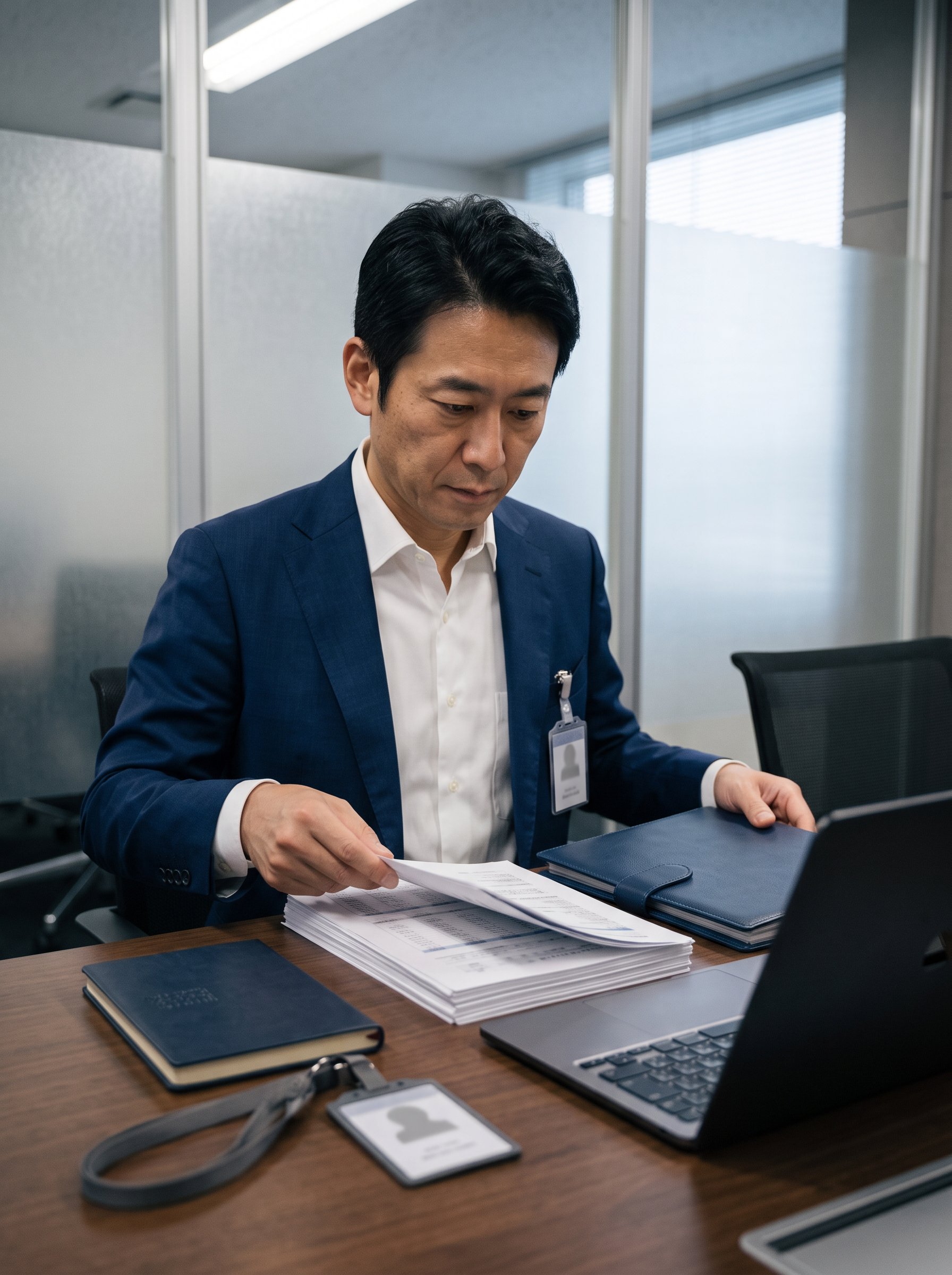 日本人担当者が機密資料を慎重に確認・管理するビジネスシーン