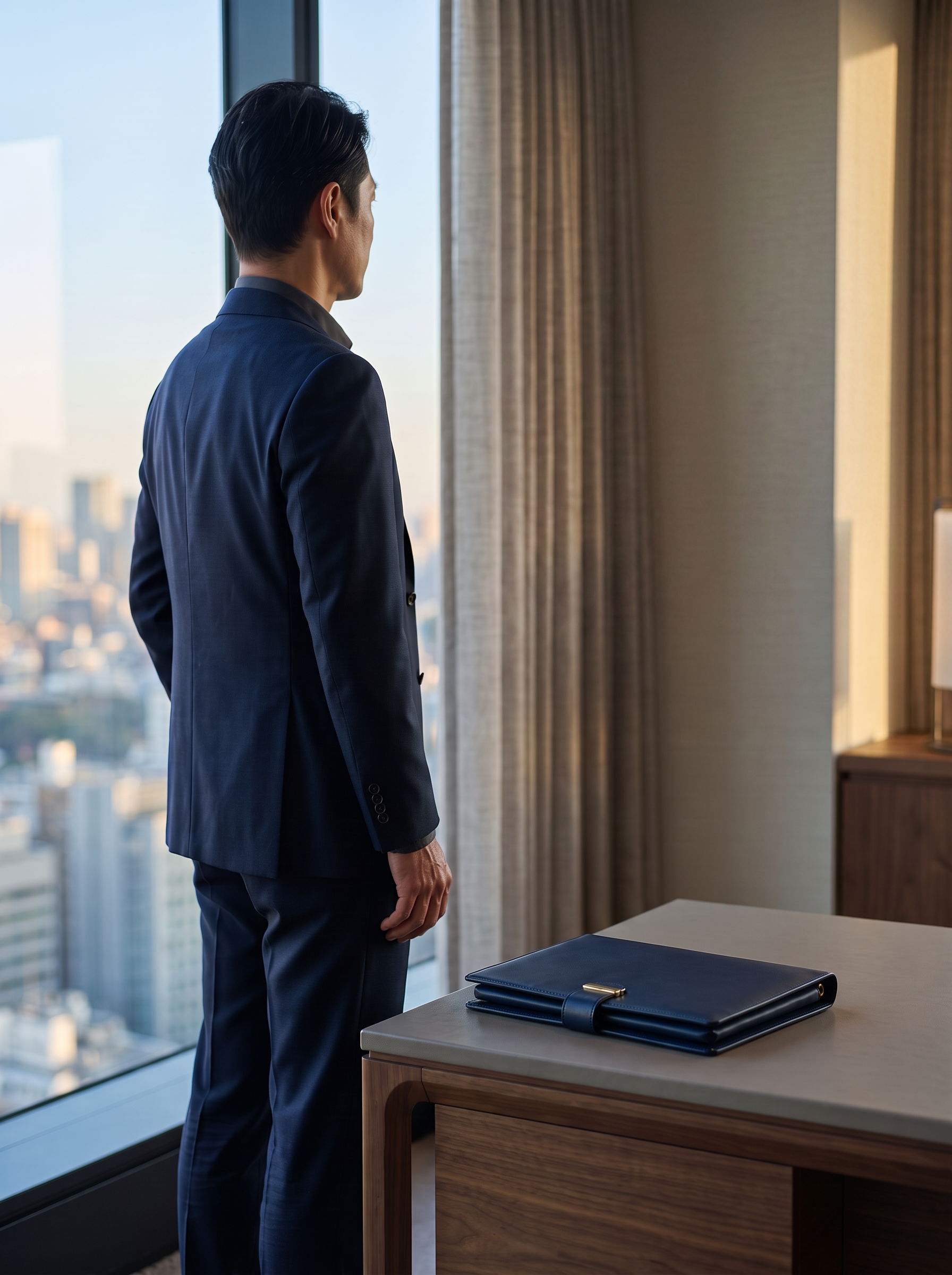 日本人経営者が静かなオフィスで事業の未来を考える後ろ姿