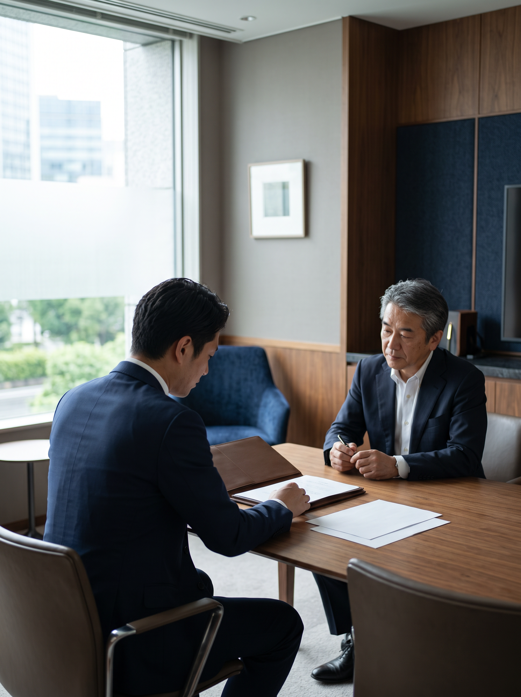 日本人経営者がプライベートな会議室でアドバイザーと非公開相談を行う場面