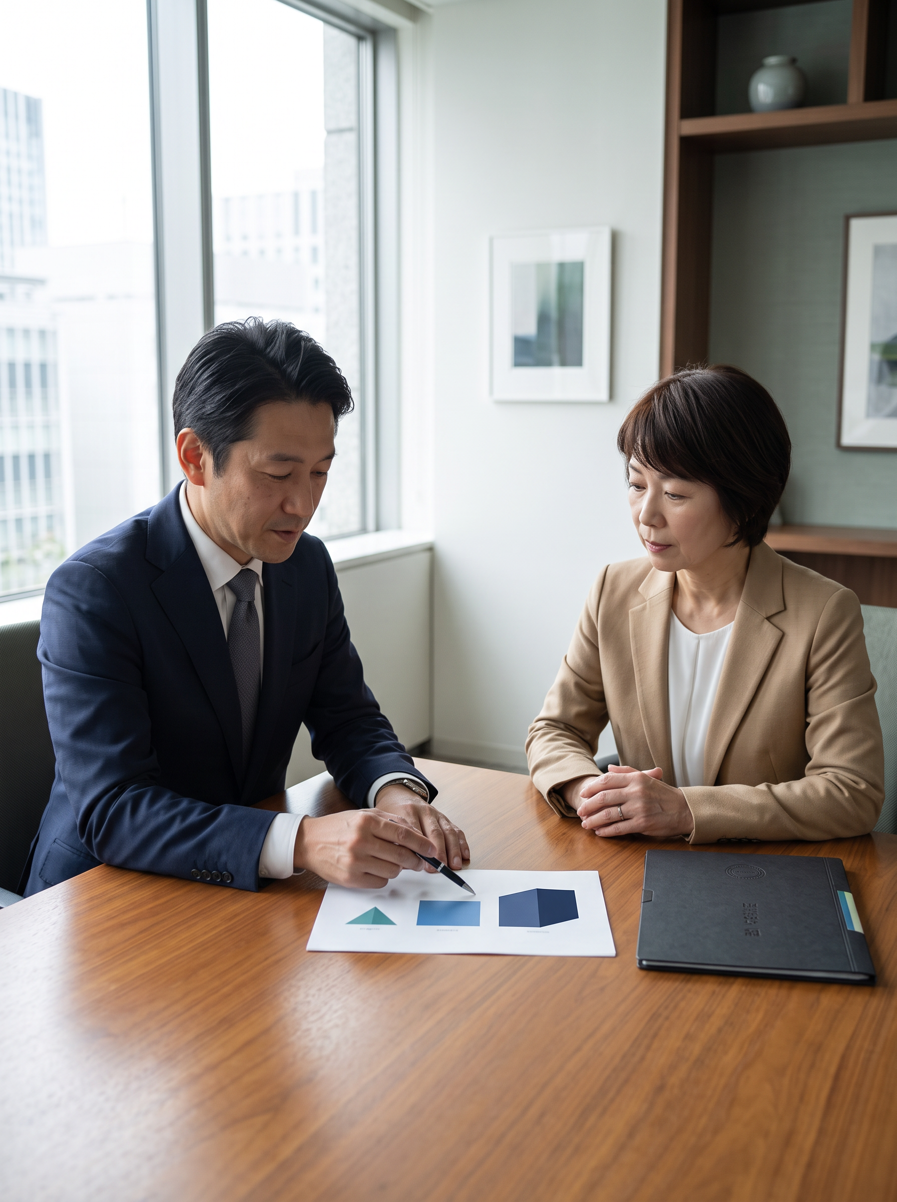 日本人の売主とアドバイザーがNDAと段階的な情報開示を確認する場面