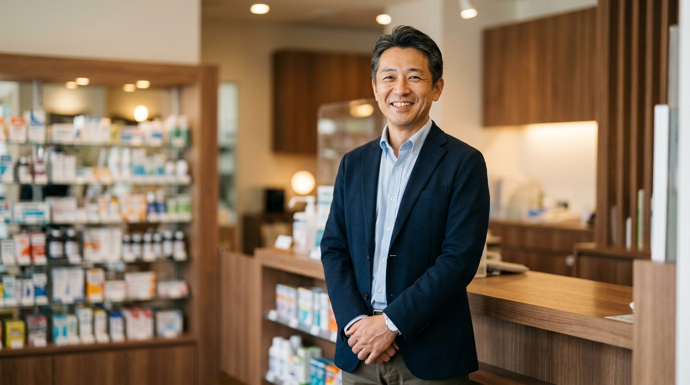 安心した表情の薬局経営者