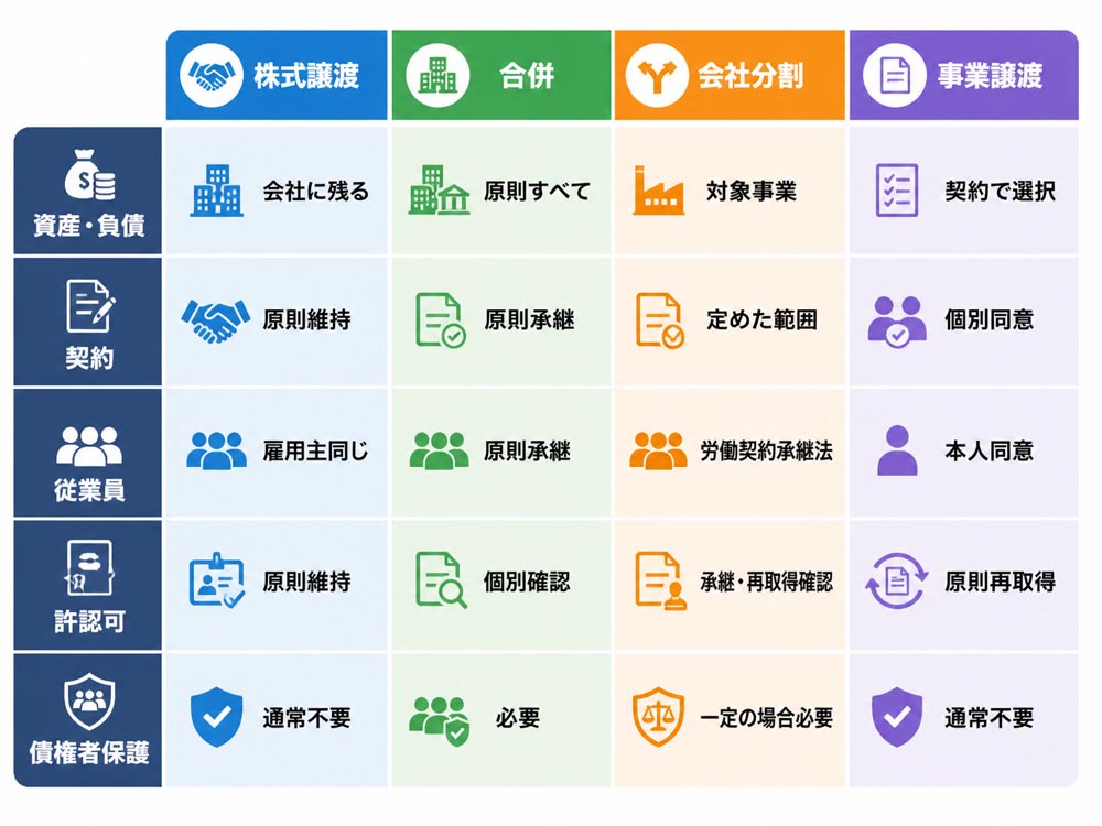 【文脈】M&A手法ごとの承継範囲を比較し