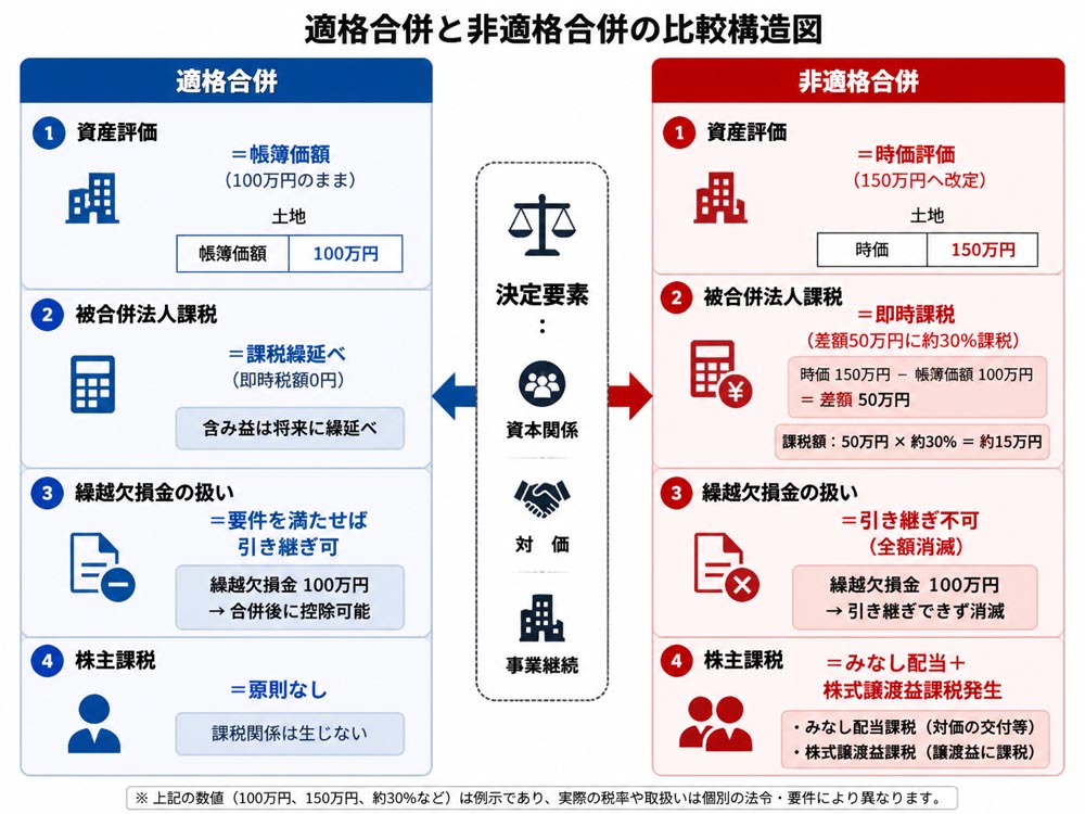【文脈】適格合併と非適格合併の構造的な差異を整理し