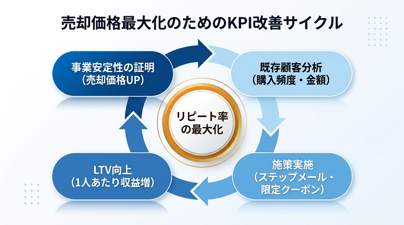 【文脈】売却価格を最大化するためのKPI改善サイクルを説明する図