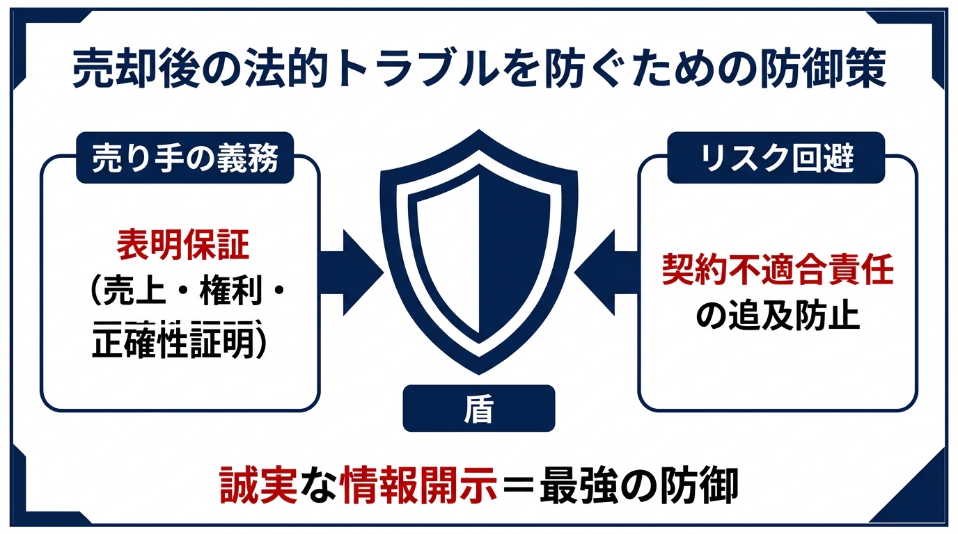 【文脈】売却後の法的トラブルを防ぐための「表明保証」と「契約不適合責任」の関係を整理する図