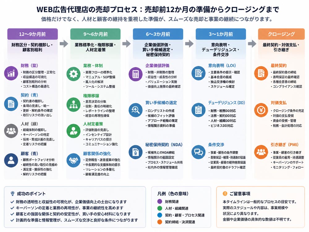 【文脈】WEB広告代理店の売却前12か月の準備からクロージングまでを整理するタイムライン