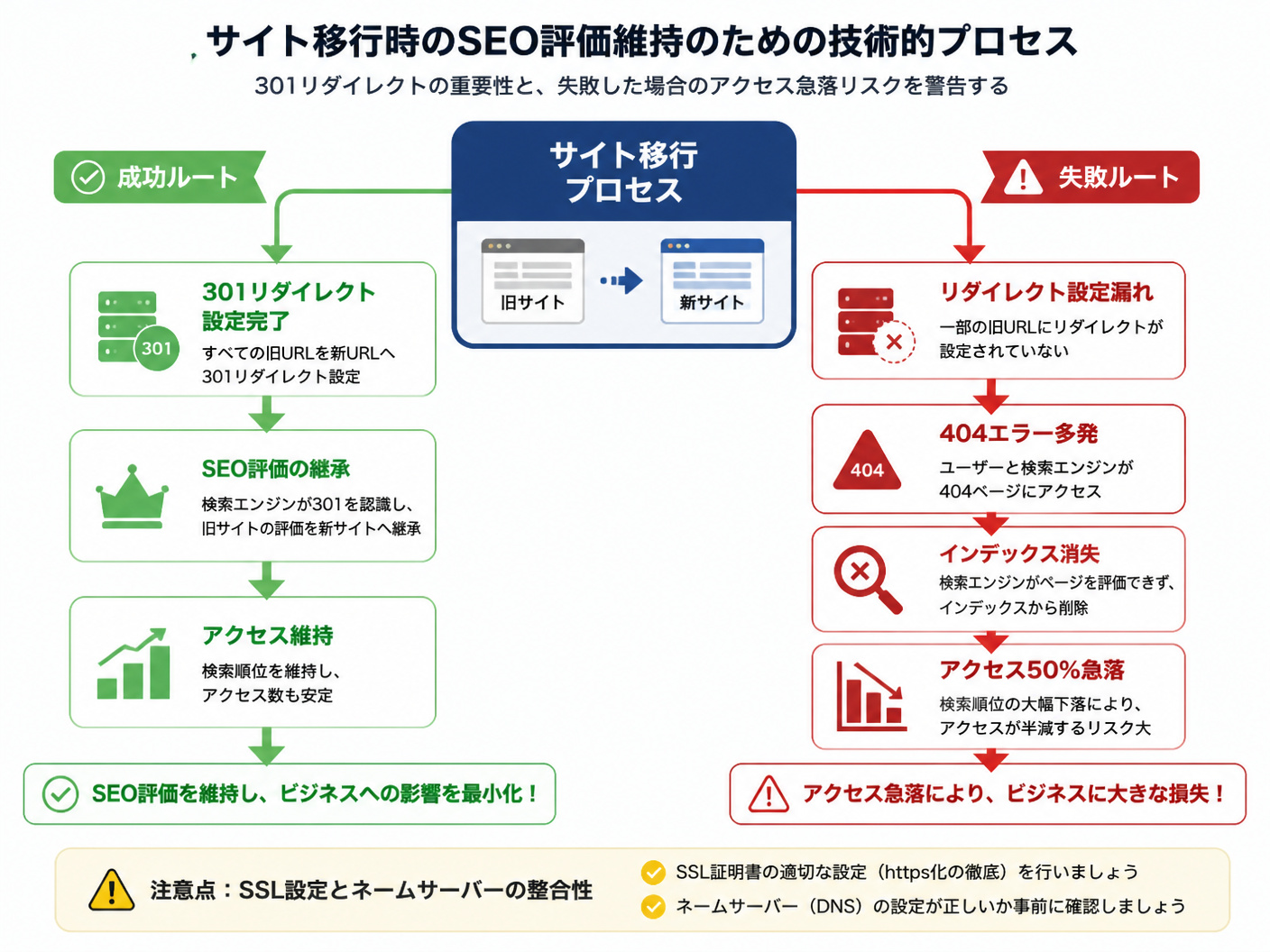 【文脈】サイト移行時のSEO評価維持のための技術的プロセスを示す図