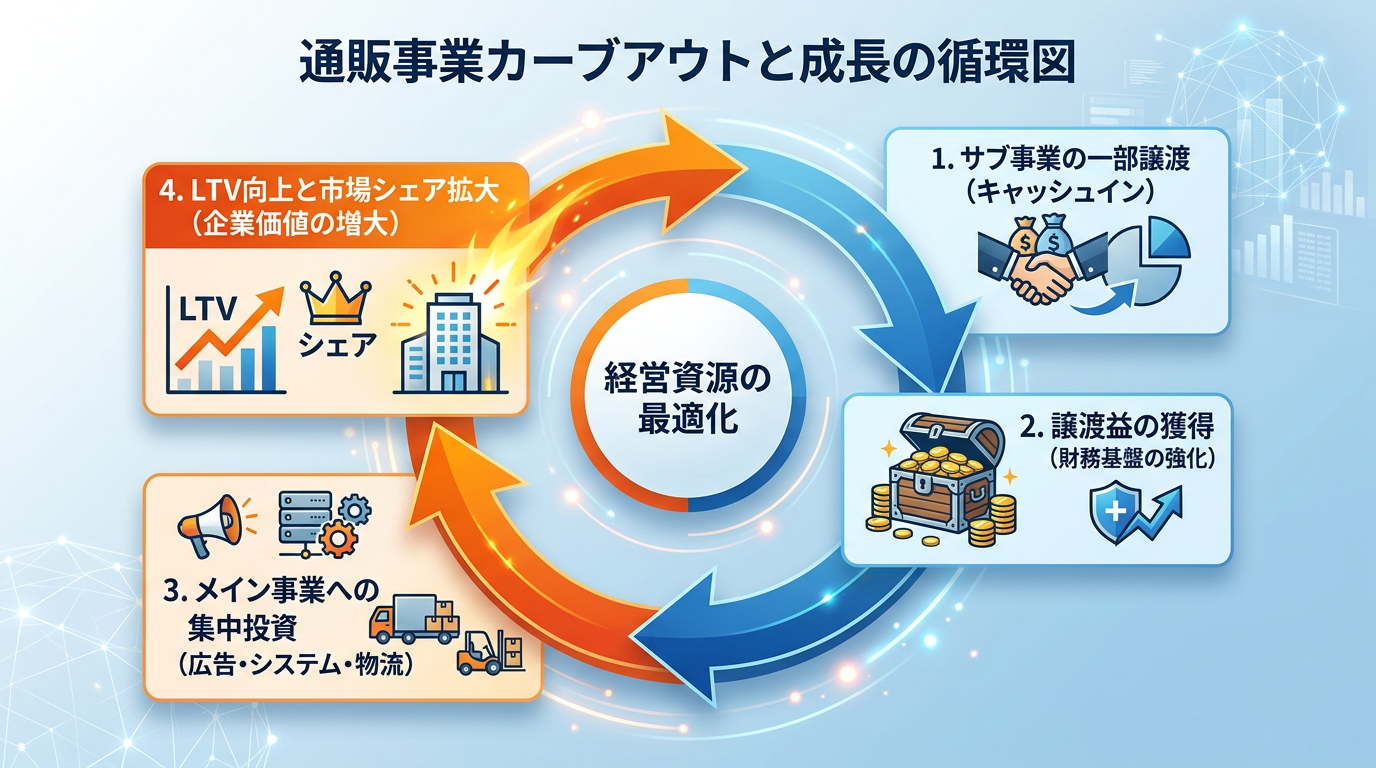 【文脈】通販事業の一部譲渡（カーブアウト）によって得られた資金が