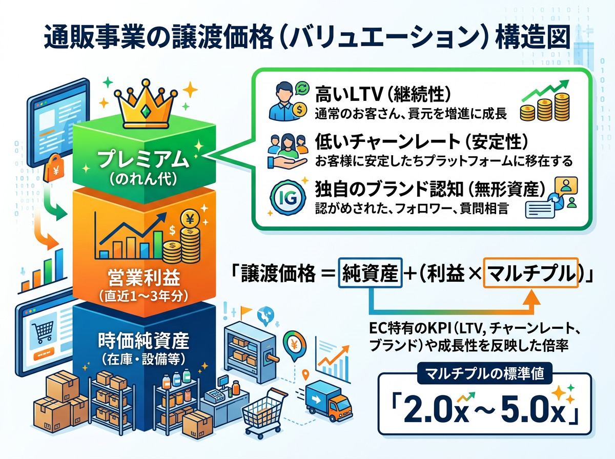 【文脈】通販事業の譲渡価格（バリュエーション）がどのように構成されるかを視覚化した構造図