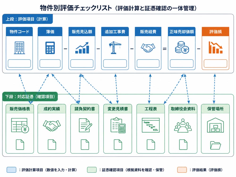 【文脈】監査対応用の物件別評価チェックリストの構成を示す図解
