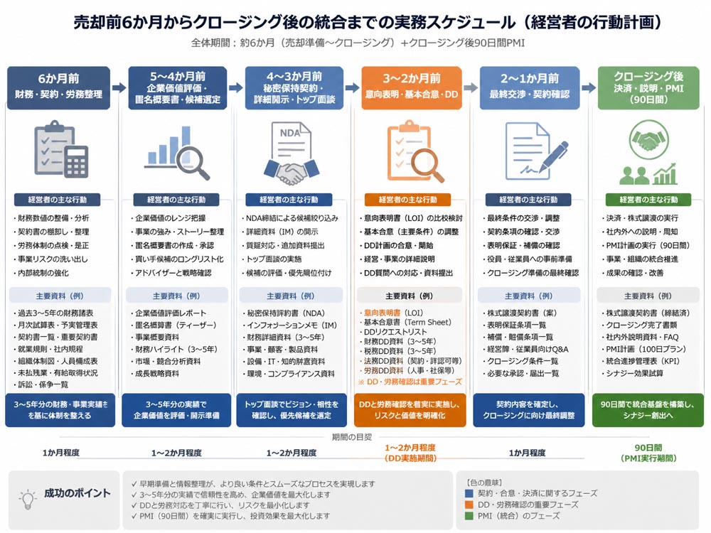 【文脈】売却前6か月からクロージング後の統合までの実務スケジュールを