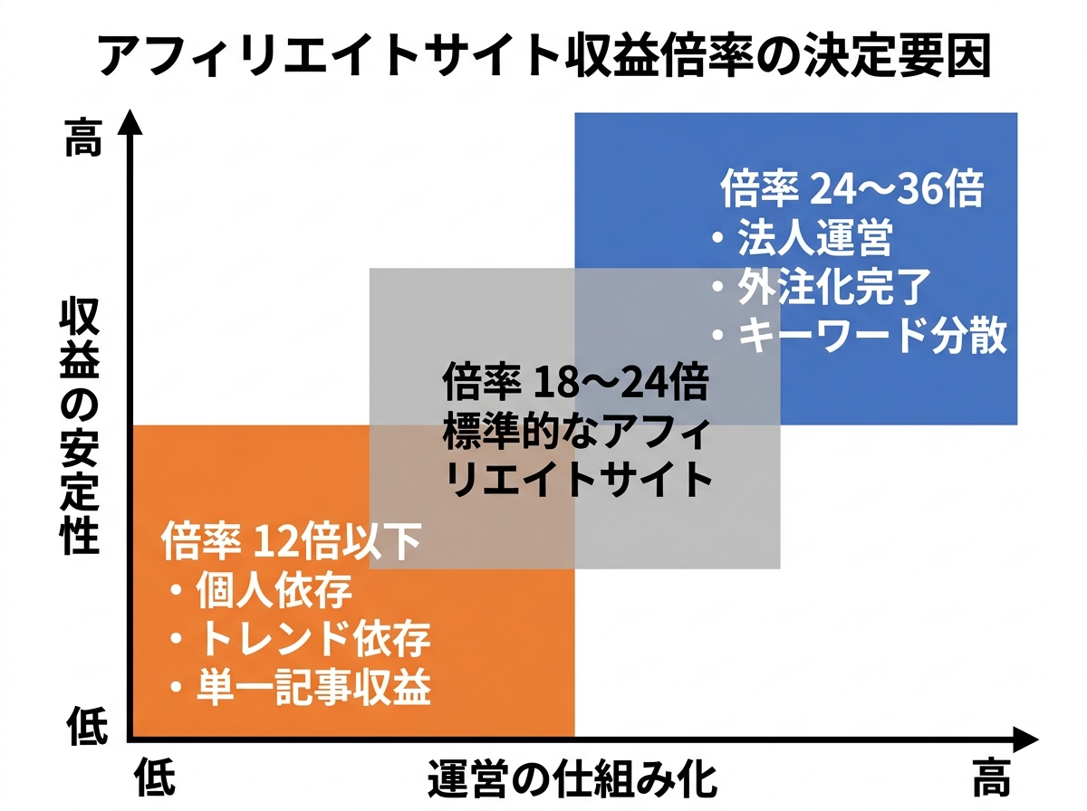 【文脈】アフィリエイトサイトの査定価格を決定する「収益倍率」の変動要因を視覚化したマトリクス図