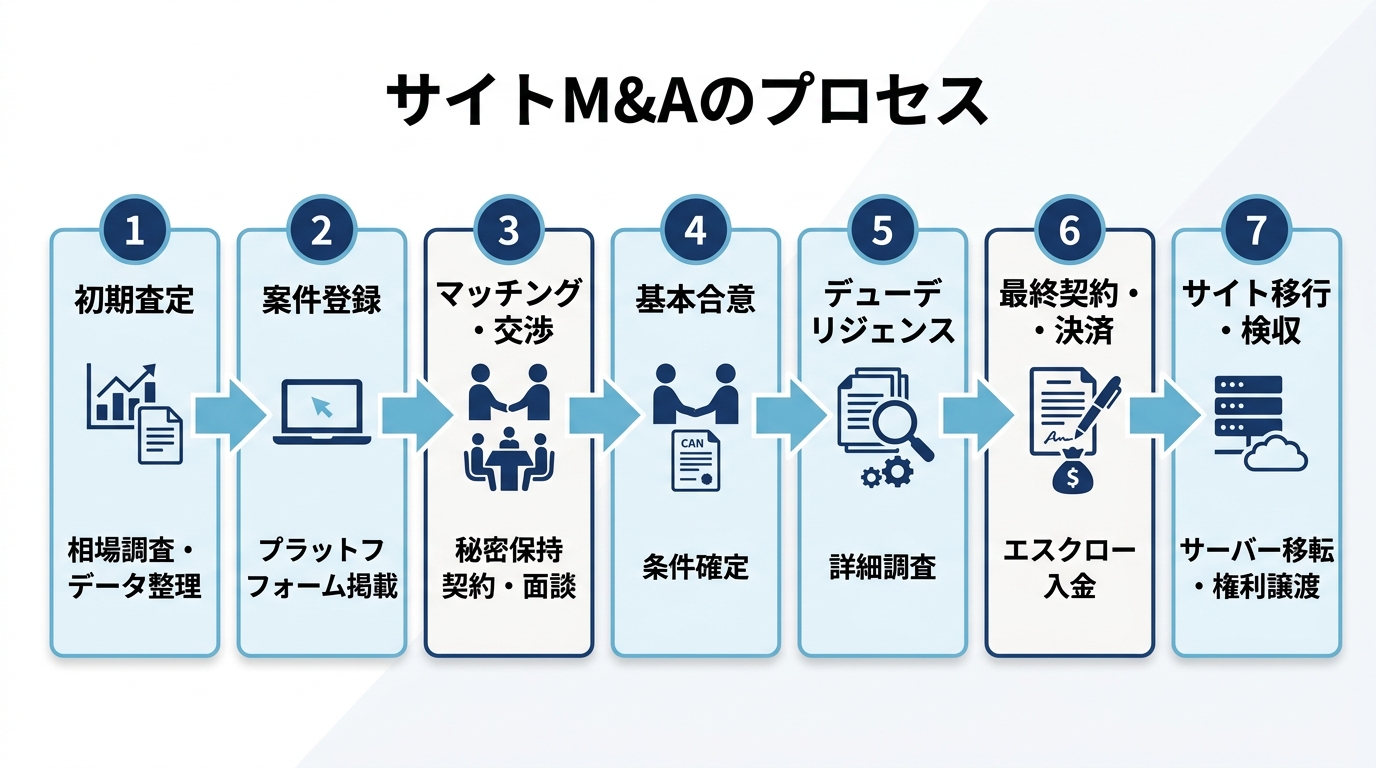 【文脈】サイトM&Aの開始から完了までの7つのステップを時系列で示したフロー図
