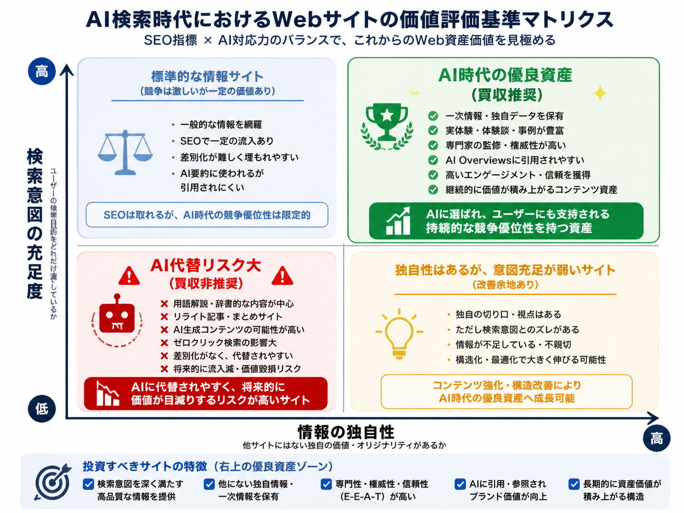 【文脈】AI検索時代におけるWebサイトの価値評価基準をマトリクスで示す図