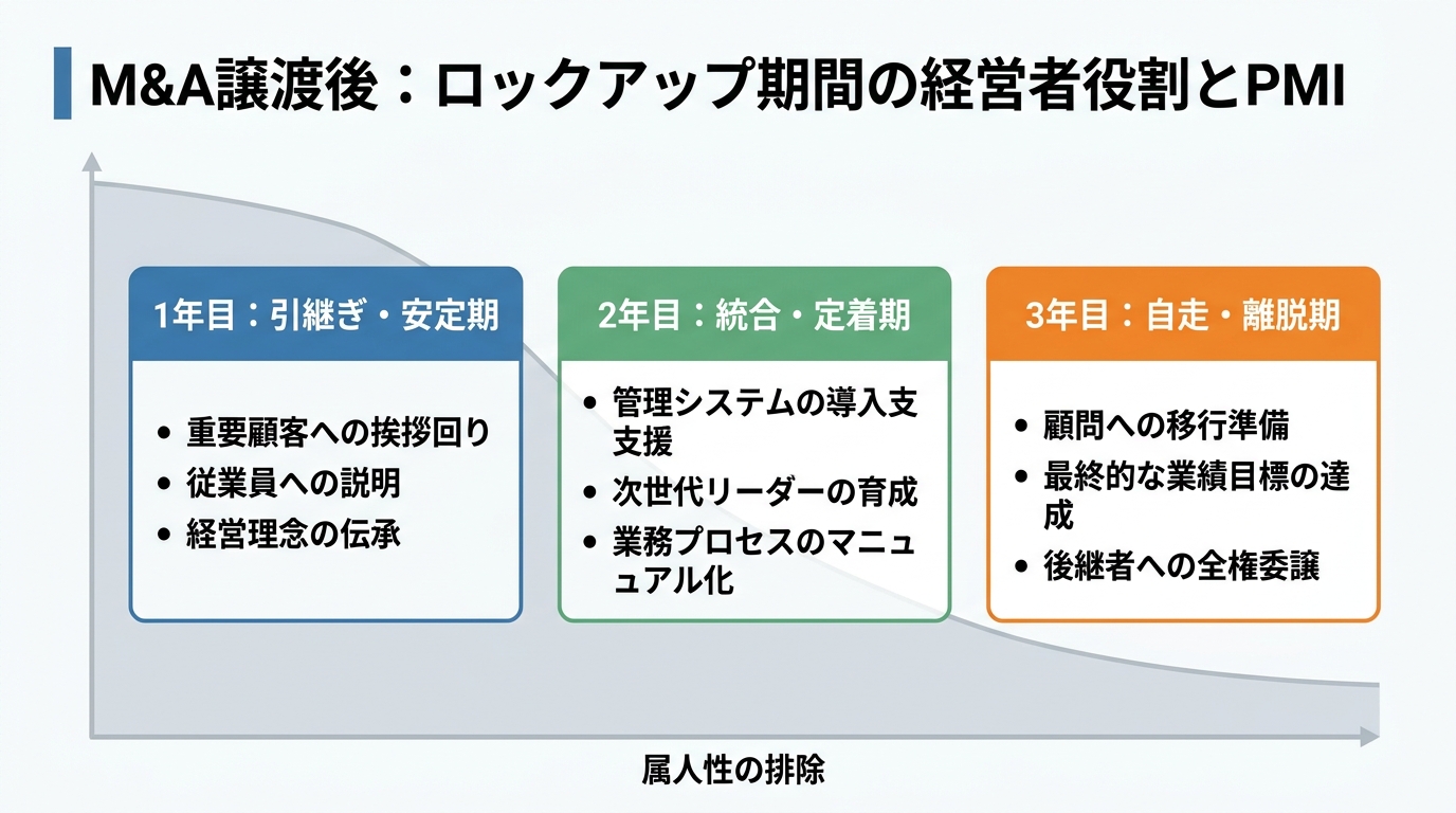 【文脈】M&A譲渡後のロックアップ期間（2-3年）における経営者の役割とPMIの進捗を時系列で示す図