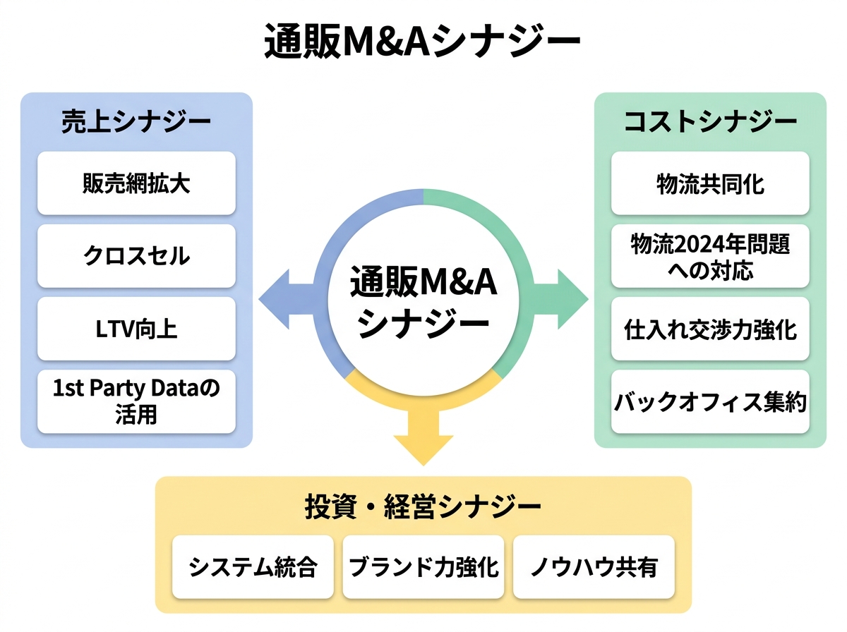 【文脈】通販M&Aにおける主要なシナジー効果（売上・コスト・投資）の構造を視覚化する図