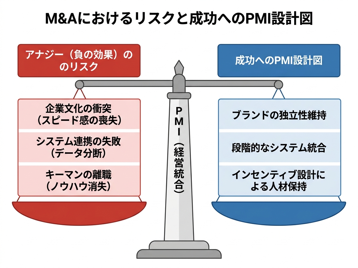 【文脈】M&Aにおける失敗要因（アナジー）とその回避策を対比させる図