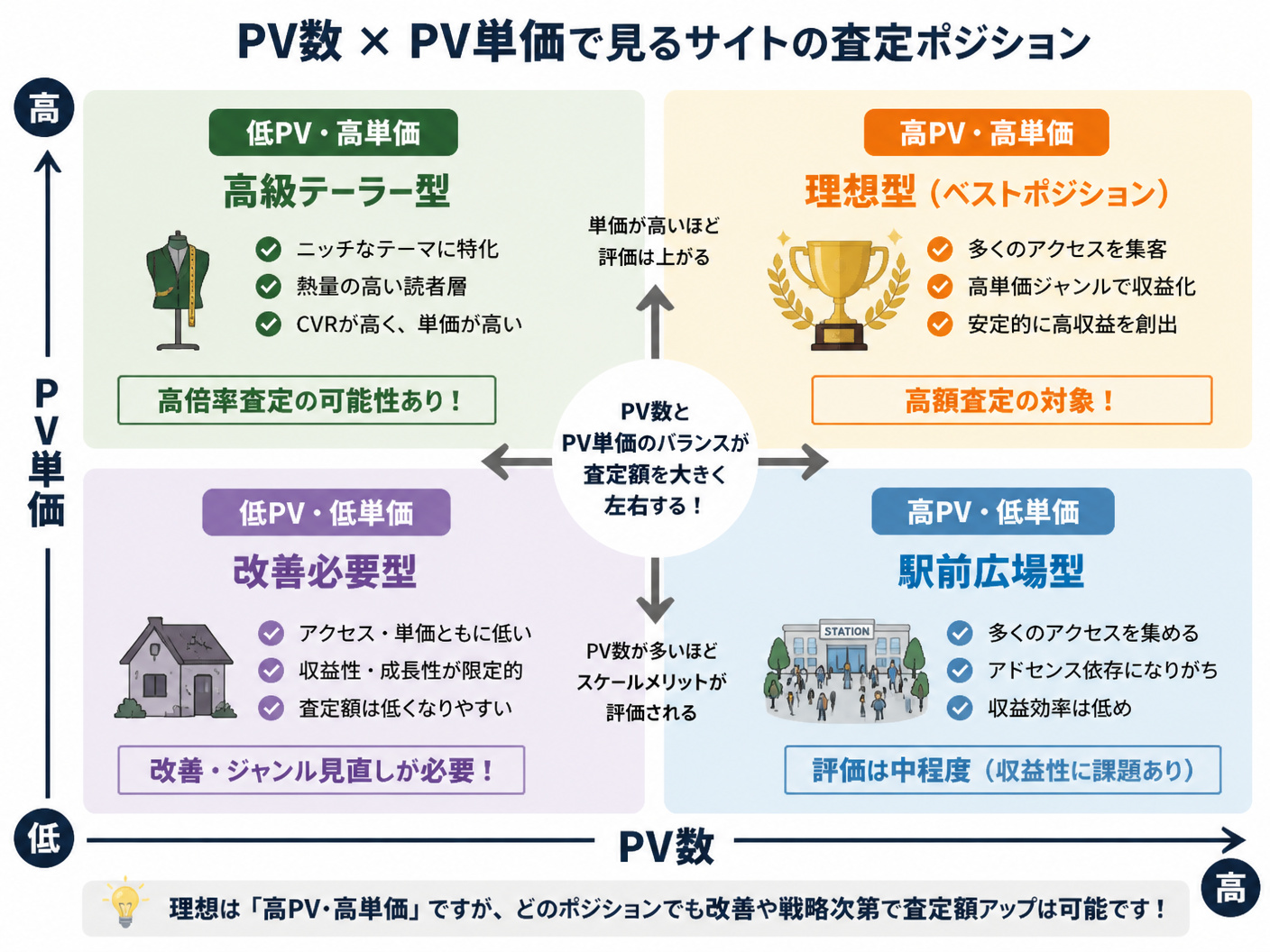 【文脈】アフィリエイトサイトの売却査定における「PV数」と「PV単価」の関係性を整理するマトリックス図
