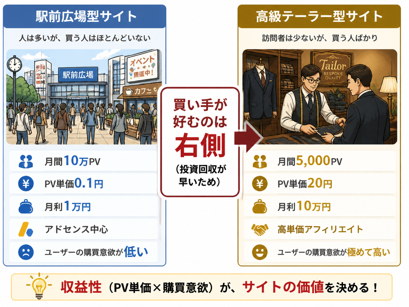 【文脈】高PV・低収益サイトと低PV・高収益サイトのビジネスモデルの違いを