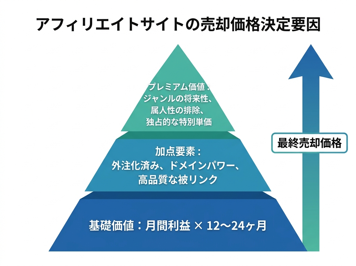 【文脈】アフィリエイトサイトの売却価格がどのように決定されるかを構造的に示す図