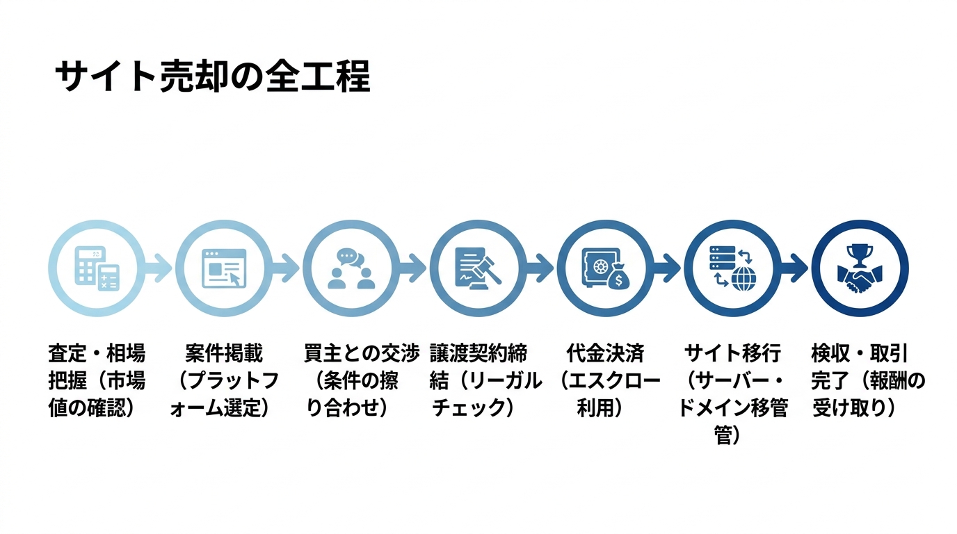 【文脈】サイト売却の全工程を時系列で整理するフロー図
