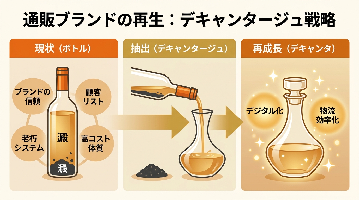 【文脈】通販ブランドのM&Aを「デキャンタージュ」という比喩で説明する図