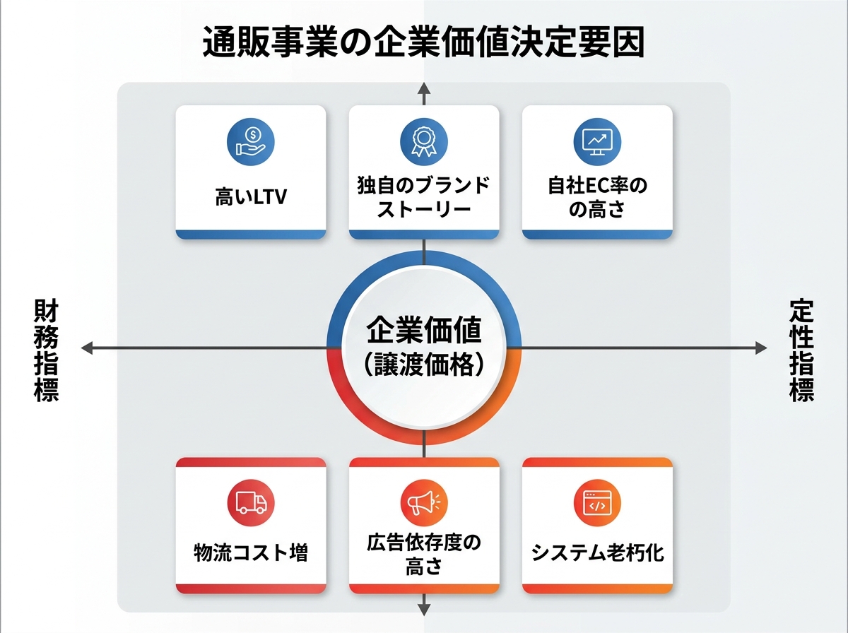 【文脈】通販事業の企業価値を決定付ける要因を構造的に解説する図