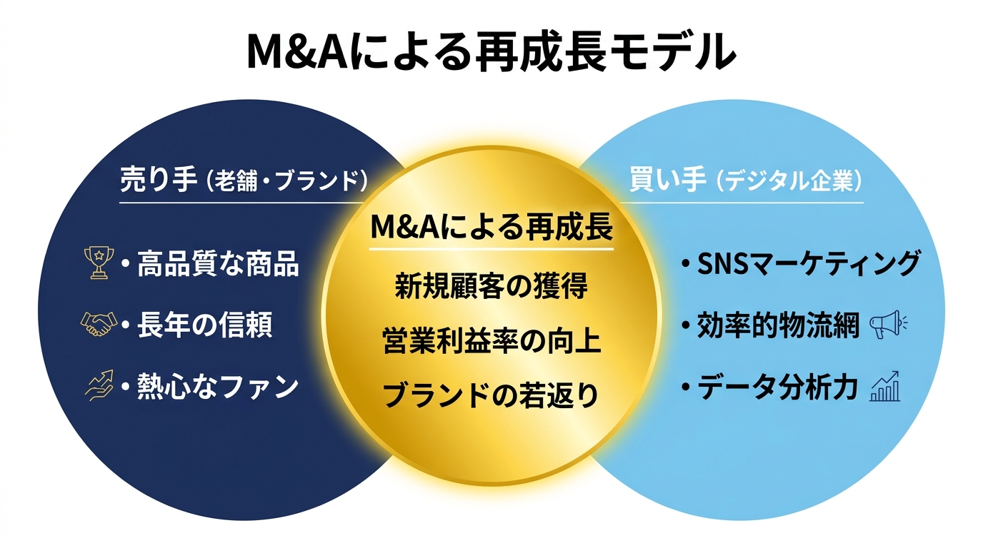 【文脈】M&A後のシナジー効果による再成長のモデルを示す図