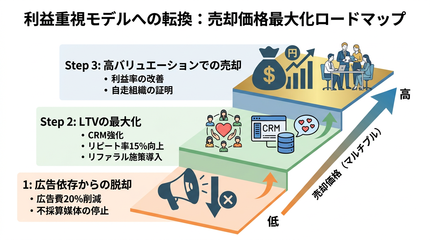 【文脈】広告依存モデルから利益重視モデルへの転換ステップを解説する図