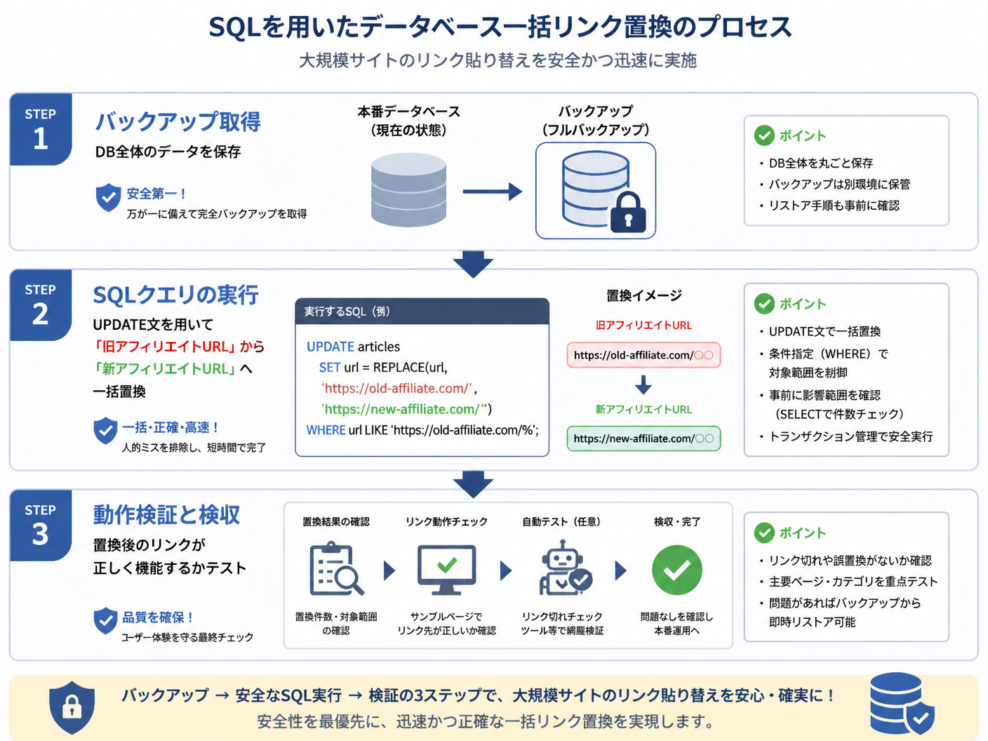 【文脈】SQLを用いたデータベース一括リンク置換のプロセスを示す技術的なフロー図