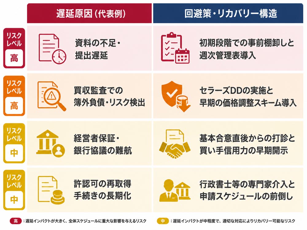 【文脈】M&Aスケジュールを遅延させる代表的な原因とその回避策・リカバリー構造をまとめたマトリクス図