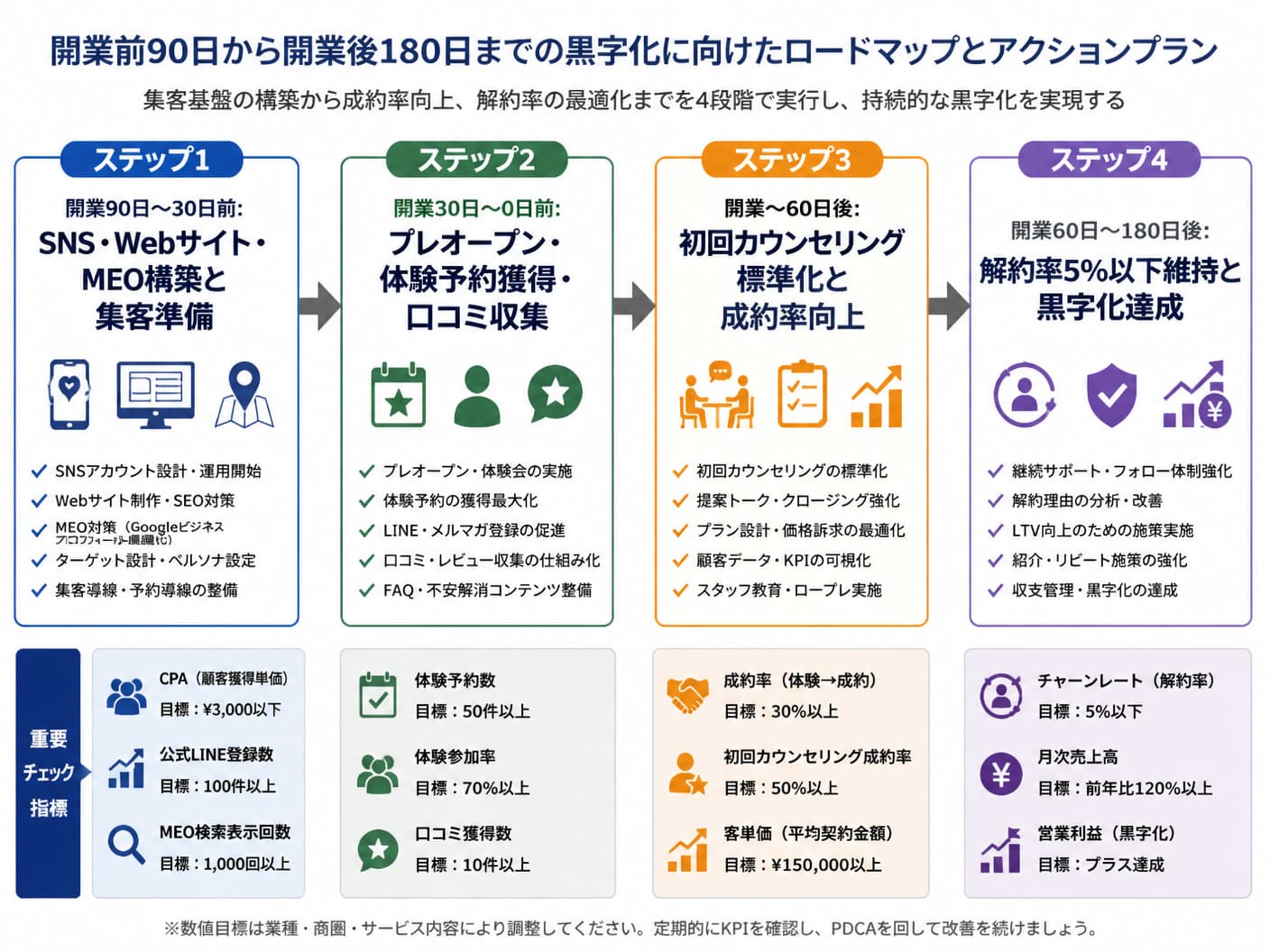 【文脈】開業前90日から開業後180日までの黒字化に向けたロードマップとアクションプランを示すタイムライン図