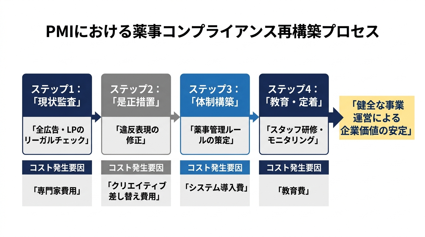 【文脈】M&A後のPMI（事業統合）における薬事コンプライアンス再構築のプロセスとコスト要因を説明するフロー図