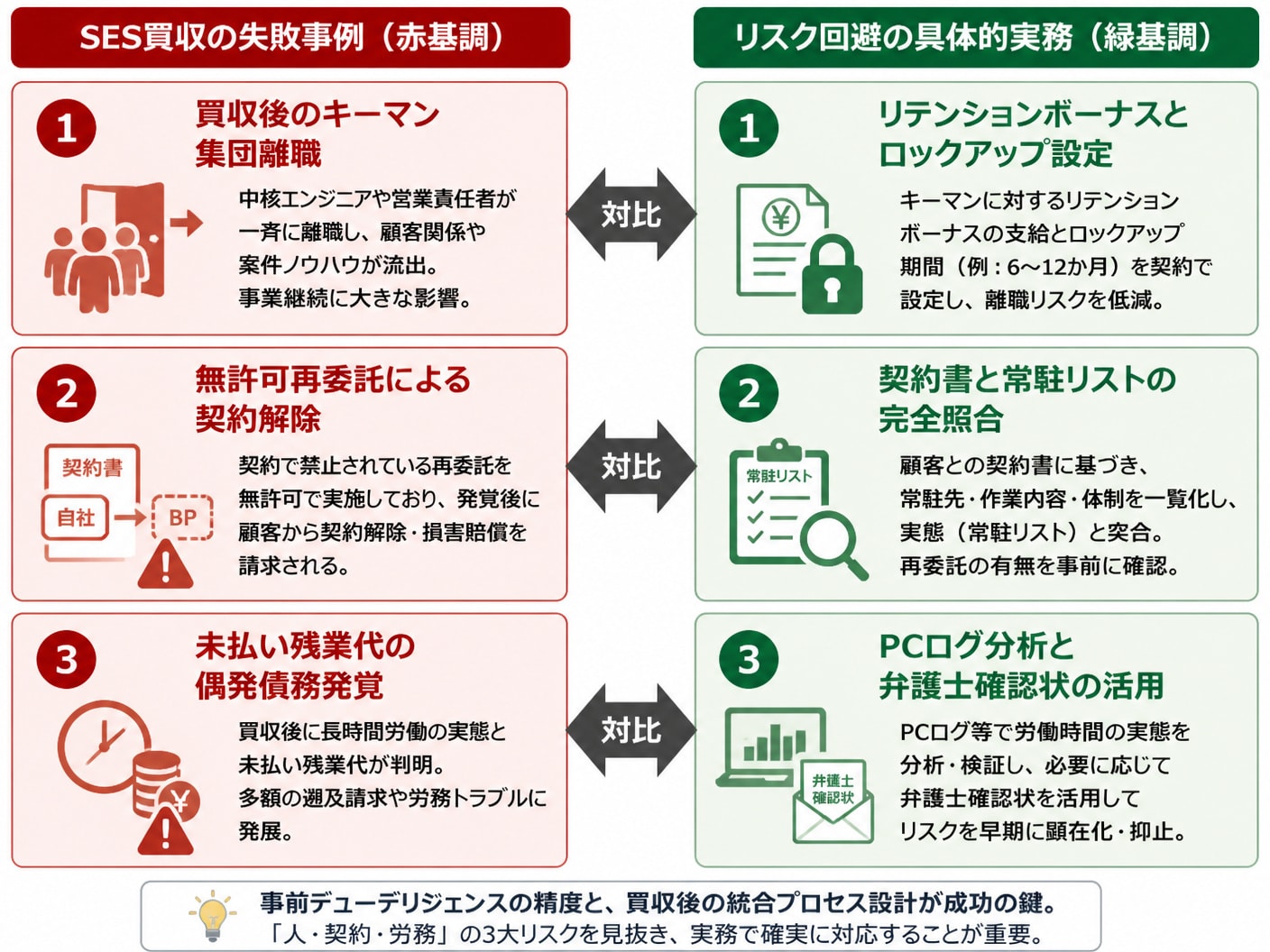 SES買収の典型的な失敗事例とリスク回避実務の対比構造