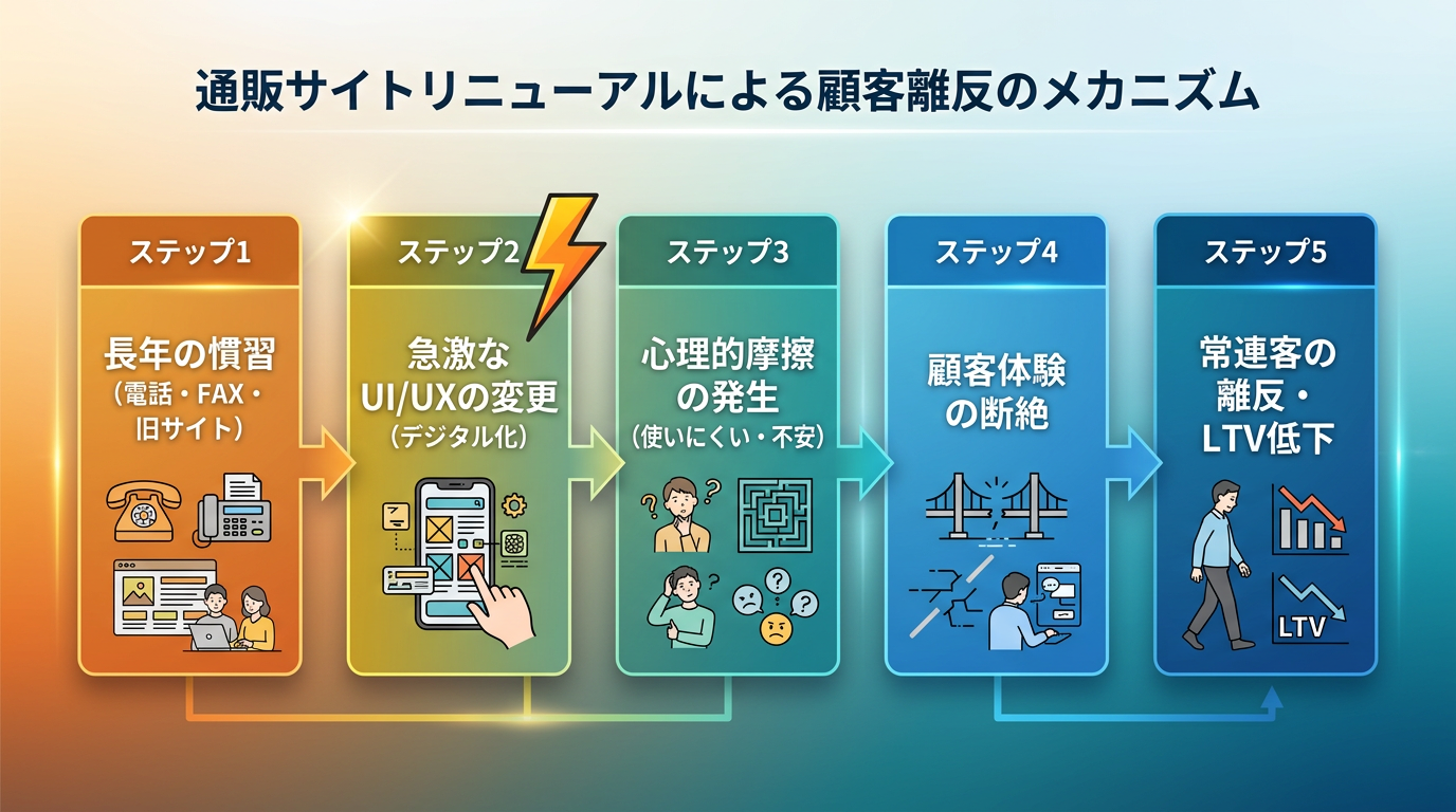 【文脈】通販サイトのリニューアルが常連客の離反を招く心理的・構造的メカニズムを解説する図解