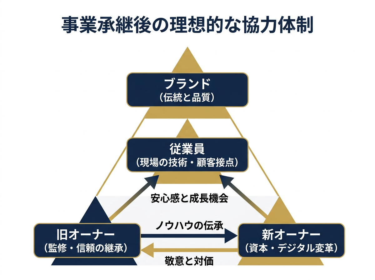 【文脈】事業承継後の「旧オーナー」「新オーナー」「従業員」の理想的な関係性と役割分担を示す図