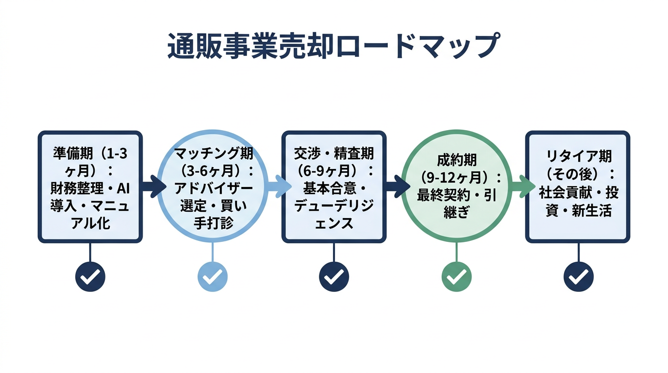 【文脈】通販事業売却の検討開始からリタイア後の再出発までの全体ロードマップを示す図