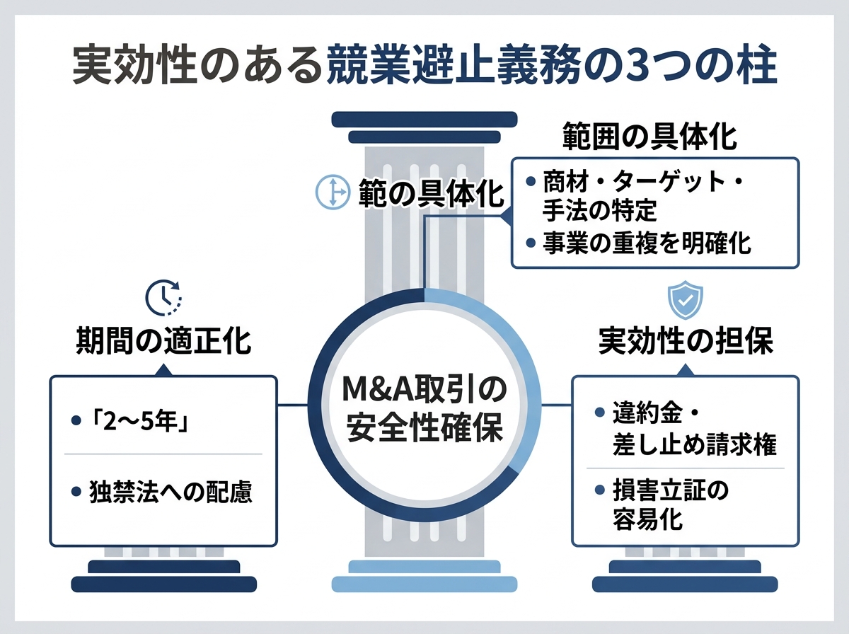 【文脈】実効性のある競業避止義務を契約書に落とし込むための3つの柱を整理した構造図