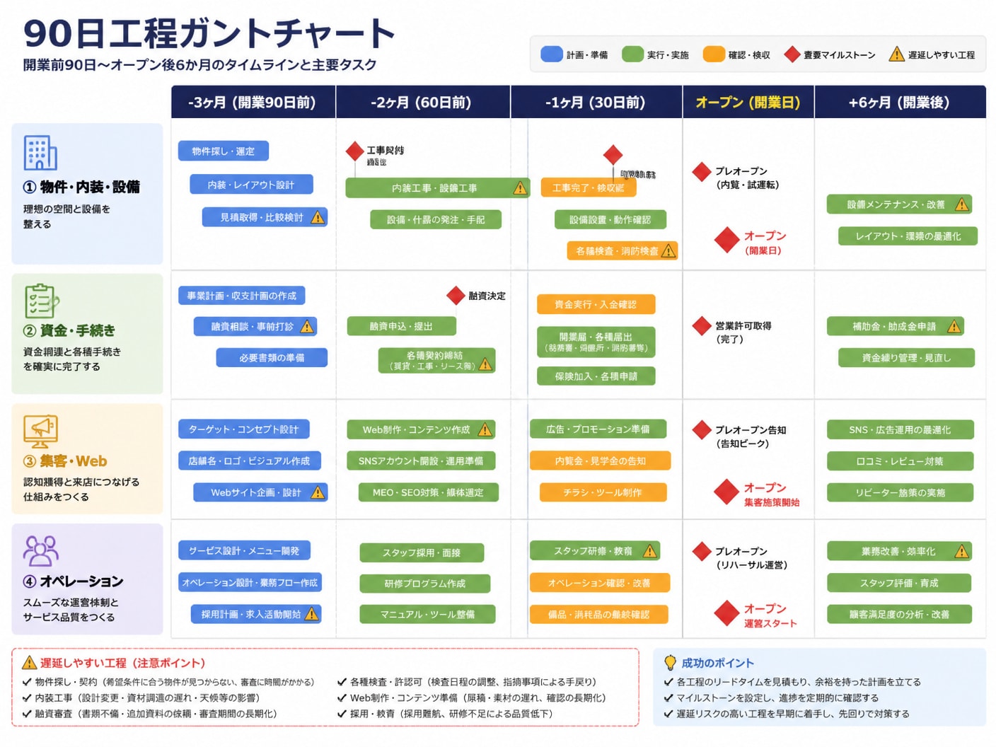 【文脈】開業前90日からオープン後6か月までのタイムラインと主要タスクを一覧化した実務ガントチャート