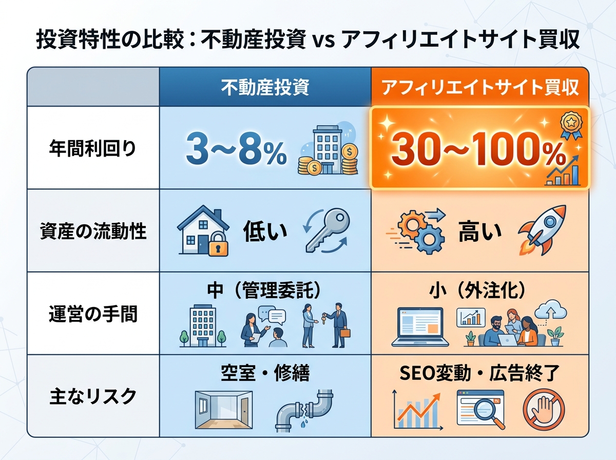 【文脈】アフィリエイトサイト買収と不動産投資の投資特性を比較するセクションで使用する