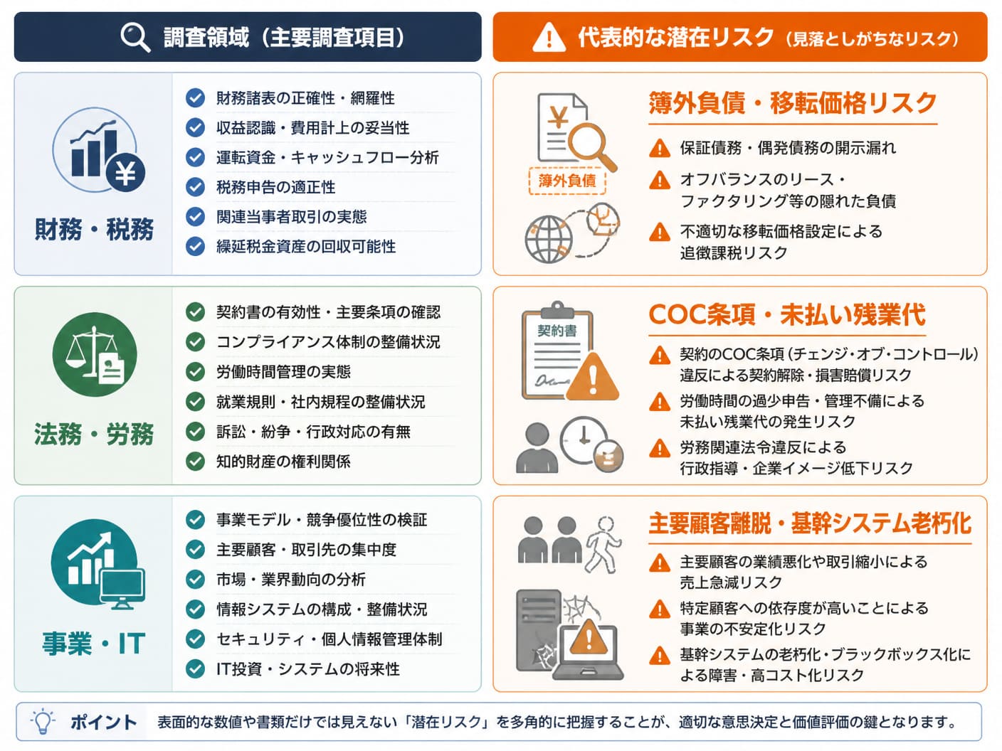 【文脈】専門分野別（財務・税務・法務・労務・事業・IT）の主要調査項目と見落としがちな潜在リスクの対比構造を示す図解