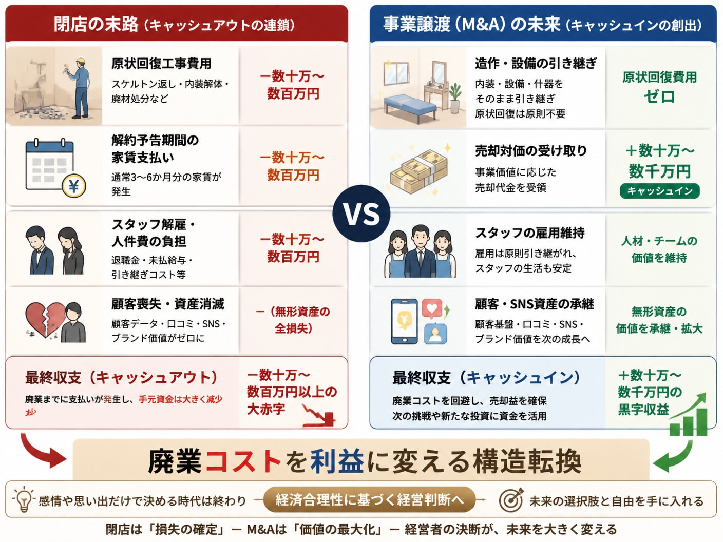 美容サロンの閉店に伴う損失と事業譲渡による売却益の構造を左右で対比した図