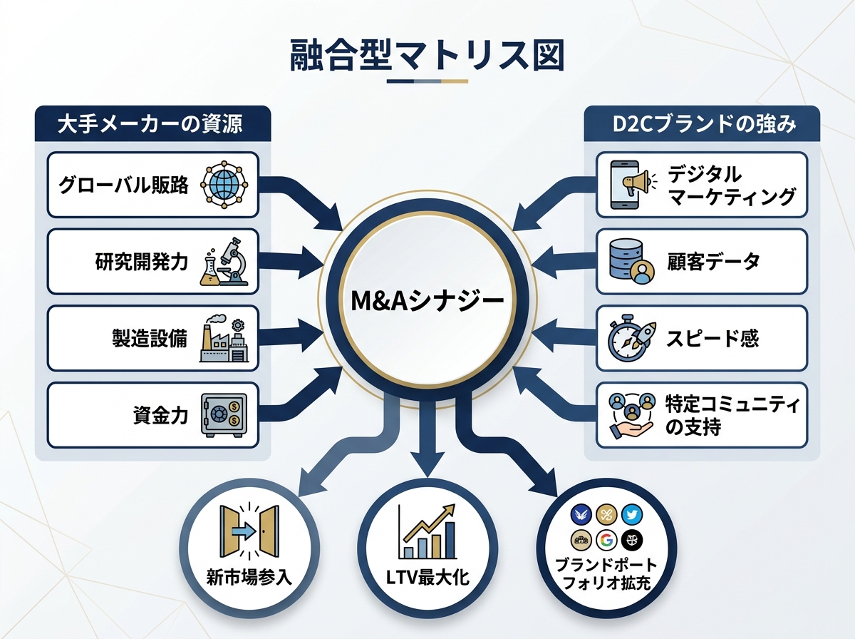 【文脈】大手化粧品メーカーがD2Cブランドを買収する際の主なシナジー（相乗効果）を整理した図